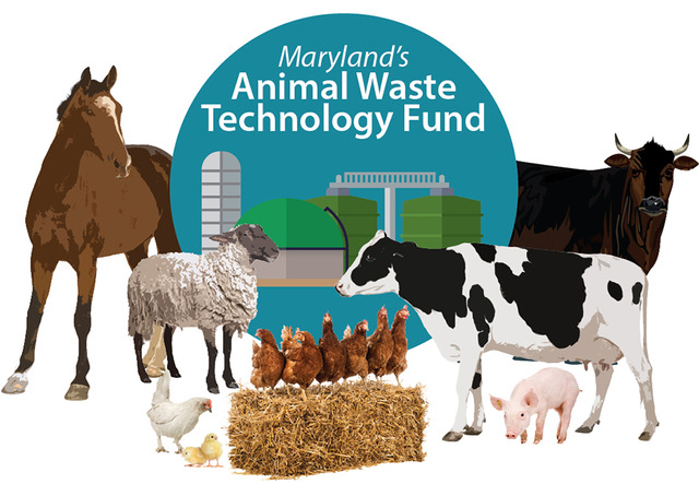 Illustration of horse, cows, sheep, chickens and pig with the words: MD's Animal Waste Technology Fund