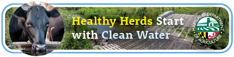 Banner with cow drinking from waterer, stream crossing and MDA logo