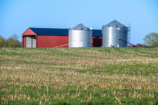 Red barn and 2 silver silos on a hill planted in a cover crop, copyright Edwin Remsberg